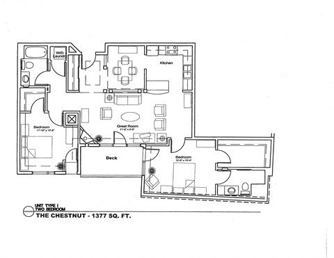 A floor plan of a two bedroom apartment with a deck.